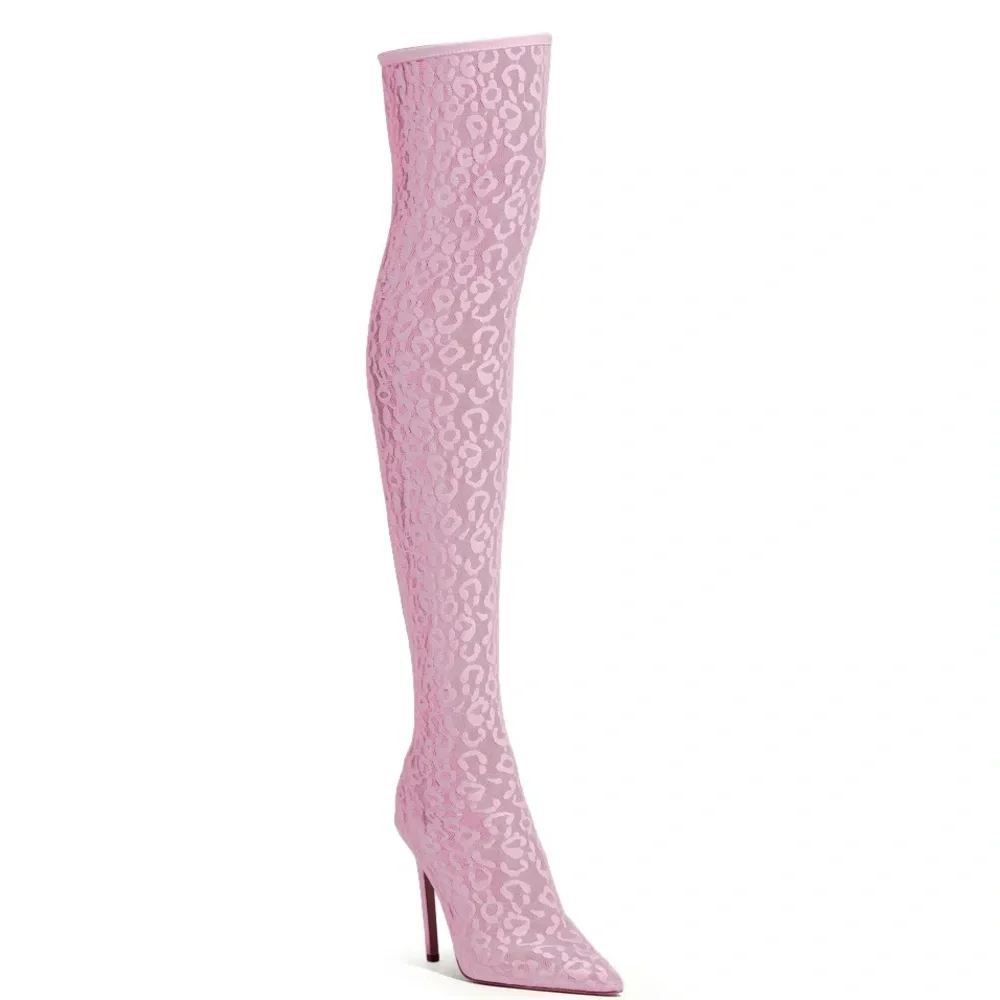 AZALEA WANG Pink Leopard Animal Print Lace Thigh High Boots